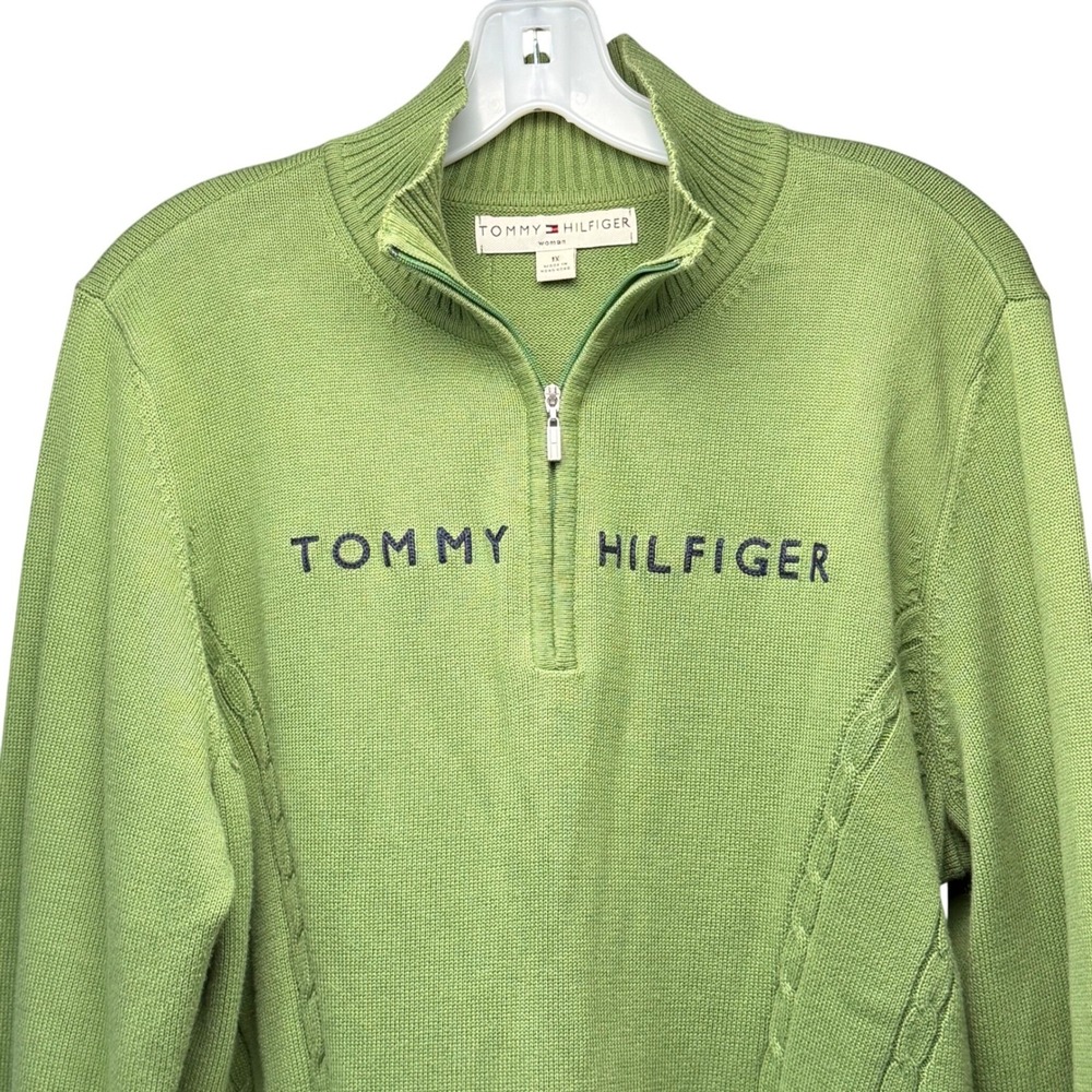 Tommy Hilfiger Y2K Vintage 1/4 Zip Sweater Green 100% Cotton Knit Mock Neck 1X‎ - Picture 3 of 11